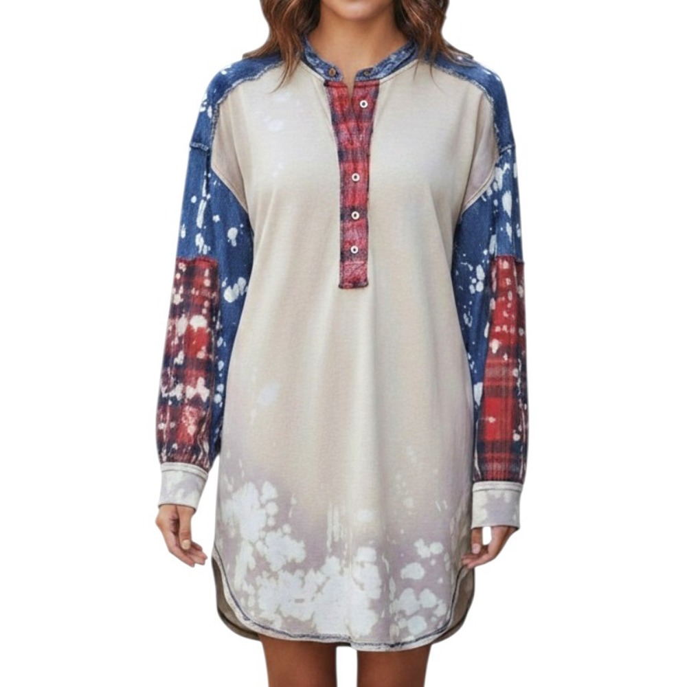 OLI & HALI Tunic Mini Dress BLEACHED PATCHWORK Knit Front Frayed Distressed SZ L
